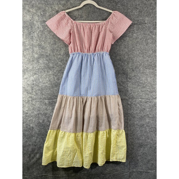 Urban Outfitters Midi Dress XS Colorblock Seersucker Striped Off Shoulder - Picture 3 of 13